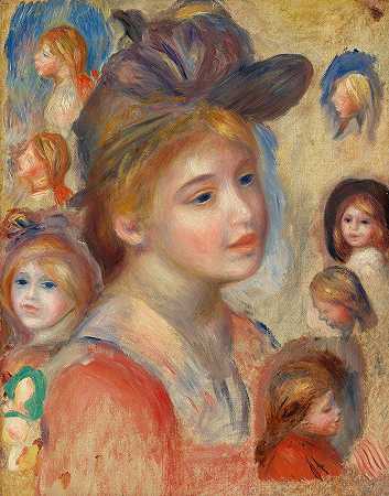 女孩研究头部（年轻女性头部研究）`Study of Girls Heads (Étude de têtes de jeunes filles) (c. 1893) by Pierre-Auguste Renoir