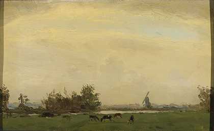 斯帕恩河上的草地景观`Meadow Landscape on the Spaarne (1890 ~ 1919) by Gerrit Willem Dijsselhof