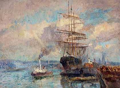 在鲁昂港`Dans le port de Rouen (1892~1894) by Albert Lebourg