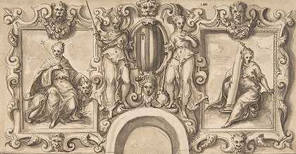 设计用于拱形门道上方的墙壁装饰，带有Grimani扶手`Design for a Wall Decoration over an Arched Doorway with Grimani Arms (1528–90) by Bernardino India