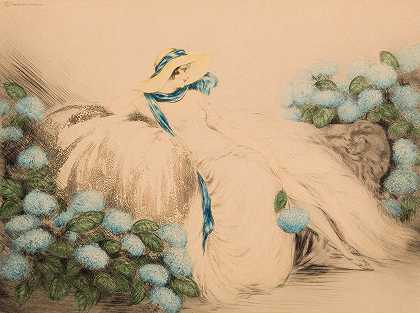 蓝色花朵的女士`Lady with Blue Flowers (1935) by Louis Icart