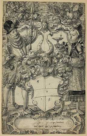 哈布斯伯格的手臂侧翼`The Arms of Habsberg Flanked by an Elegant Couple (1587) by an Elegant Couple by Daniel Lindtmayer