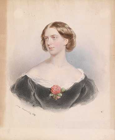 一位带着玫瑰的年轻女子的肖像`Bildnis einer jungen Frau mit Rose (1859) by Josef Kriehuber