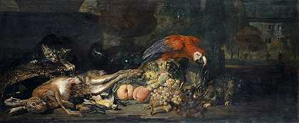 游戏、水果、鹦鹉、兔子和猫的静物画`Still Life With Game And Fruits, Parrot, Rabbit And Cat by David de Coninck