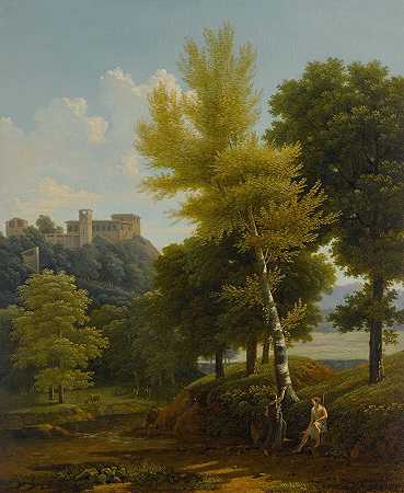 乡村的一条小溪，山坡上的一座城堡，前景是P–ris和Oenone`View of a brook in the countryside, a castle in the hillside above, with Pâris and Oenone in the foreground by Jean-Victor Bertin