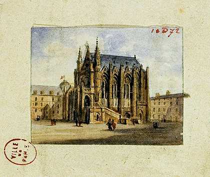 神圣的小教堂。`La Sainte Chapelle. (1810) by Auguste-Sébastien Bénard