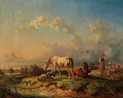 休息的马`Horses Resting by a River (1854) by a River by Adolf van der Venne
