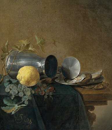 白葡萄酒、柠檬、牡蛎和葡萄的静物画`Still Life Of A Pewter Tankard, Lemon, Oysters And Grapes by Jan Davidsz de Heem