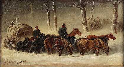 打开马拉雪橇`Auspannen des Pferdeschlitten by Alfred Steinacker