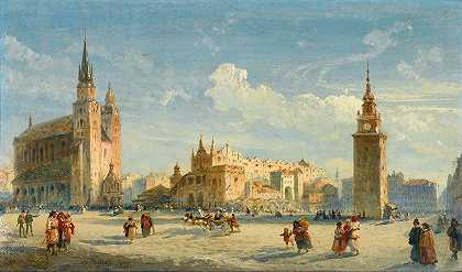 马里亚基广场与布厅，克拉科夫`Mariacki square with the cloth hall, Cracow (1872) by Carlo Bossoli