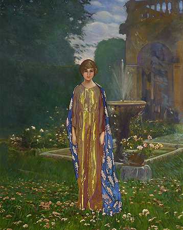 喷泉旁花园里的女士——春天`Lady in the garden at a fountain – Springtime (1926) by Leon Kamir-Kaufmann