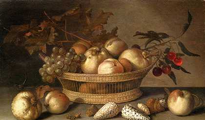 一个装满樱桃、苹果、桃子和一串葡萄的篮子，周围是苹果、桃子、贝壳、蜜蜂和蜻蜓`A Basket With Cherries, Apples, Peaches And A Bunch Of Grapes, Surrounded By Apples, Peaches, Shells, Bees And A Dragonfly by Balthasar van der Ast