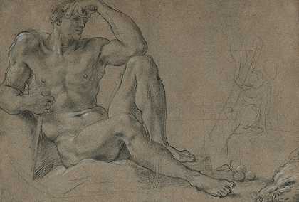 赫拉克勒斯休息（直肠）带把手的有脚容器（verso）`Hercules Resting (recto); Footed Vessel with Handle (verso) (1595~97) by Annibale Carracci