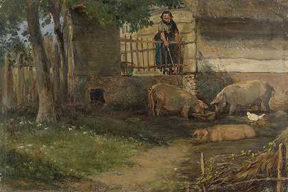 谷仓里的猪`Pigs in a Barnyard (1860 ~ 1891) by Guillaume Anne van der Brugghen