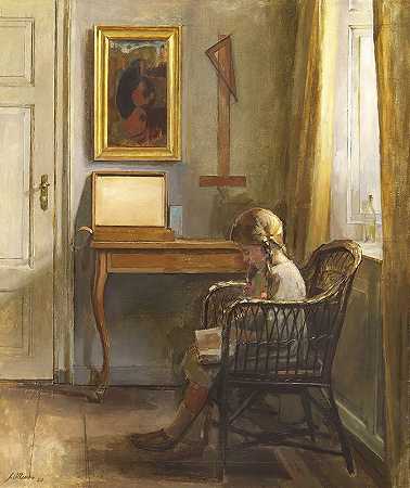 室内有窗边的读书女孩`Interiør med læsende pige ved vindue (1920) by Johannes Ottesen