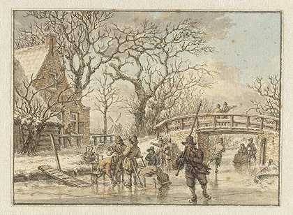 滑冰者在潮湿的地面上的冬季景观`Winterlandschap met schaatsenrijders op een wetering (1781) by Jacob Cats