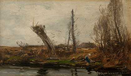 水边的柳树`Willows at waterside (between 1890 and 1900) by Roman Kazimierz Kochanowski