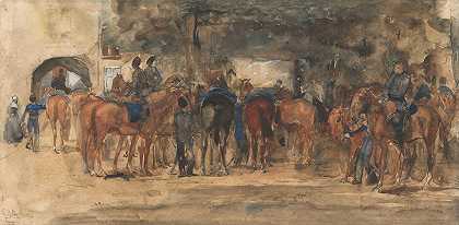 广场上休息的骑兵`Rustende cavalerie op een plein (1880 ~ 1919) by George Hendrik Breitner