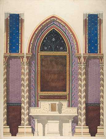祭坛和彩绘墙面装饰设计的立面图`Elevation of a design for an altar and painted wall decoration (19th Century) by Jules-Edmond-Charles Lachaise