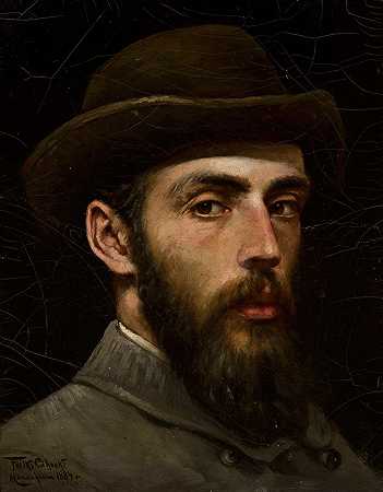 戴帽子的自画像`Self~portrait in a hat (1884) by Feliks Cichocki