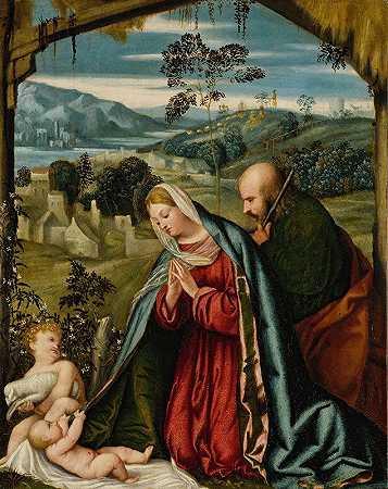风景中的神圣家庭`The Holy Family in a landscape by Moretto Da Brescia