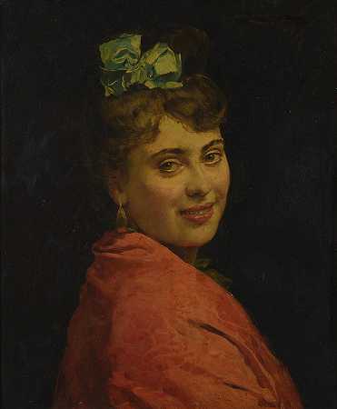 一位披着红色披肩的女士`A portait of a lady with a red shawl by Raimundo de Madrazo y Garreta