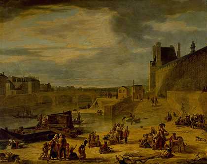 卢浮宫大画廊和皇家大桥，从圣尼古拉斯港俯瞰`La Grande Galerie du Louvre et le pont Royal, vus du port Saint~Nicolas (1800) by Jean-François Depelchin