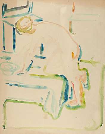 跪下。`Akt med kne på seng (1918~1920) by Edvard Munch