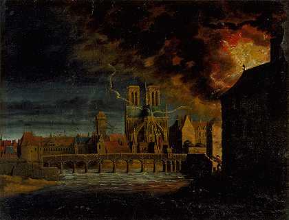 圣母院的床边，图尔内尔桥和L圣路易斯岛，火灾期间`Le chevet de Notre~Dame, le pont de la Tournelle et lîle Saint~Louis, durant un incendie (1640)