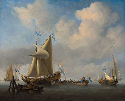 一艘州游艇鸣放礼炮，带来平静`A calm with a States Yacht firing a salute by Willem van de Velde the Younger