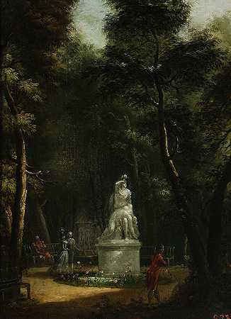 阿齐恩基公园与坦克里德和克洛林达雕像的景观`View of the Łazienki Park with the statue of Tancred and Clorinda (1790) by Kazimierz Wojniakowski