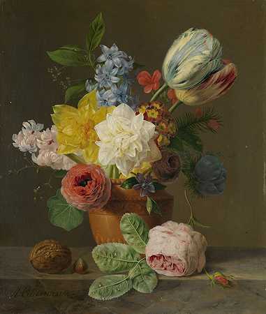 安东尼·奥伯曼的《带花和坚果的静物画》`Still Life with Flowers and Nuts (c. 1830) by Anthony Oberman
