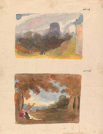 城堡景观——现代风格（第13号）前景中有人物的风景`Landscape with Castle – Modern Manner (no. 13); Landscape with Figures in Foreground by Thomas Sully
