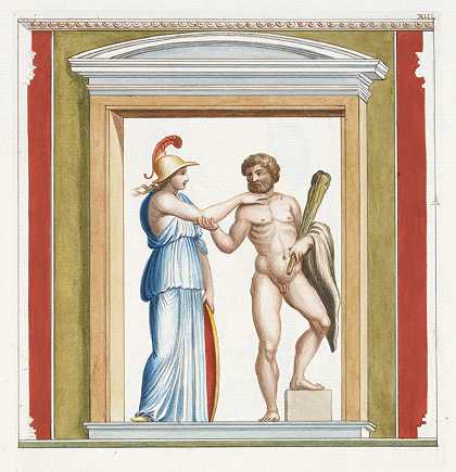 雅典娜和大力士被描绘在一个壁龛里。`Athena and Hercules depicted within a niche. (1783) by Pierre-Jean Mariette