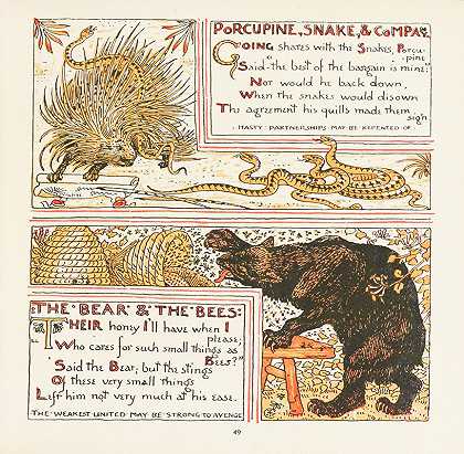豪猪、蛇和同伴、熊和蜜蜂`Porcupine, Snake and Company, The Bear and the Bees (1908) by Walter Crane