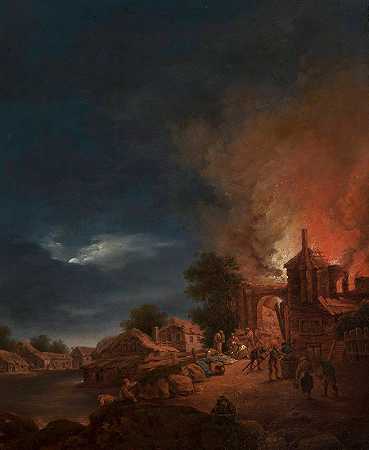 夏天城市着火了`Town on fire in summer (1849) by Kazimierz Żwan