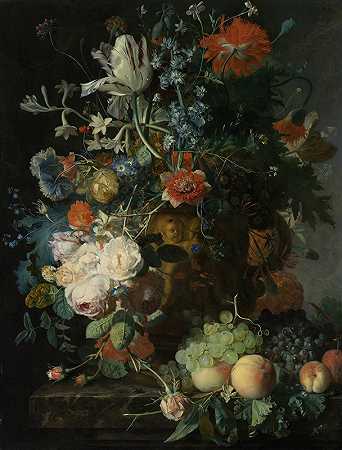 《花与果的静物》简·范·惠瑟姆`Still Life with Flowers and Fruit (c. 1721) by Jan van Huysum