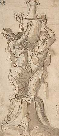 一尊雕像的设计，由一个Satyr和一个Satyress举起一个花瓶组成`Design for a Statue consisting of a Satyr and Satyress Lifting a Vase (1652–1725) by Giovanni Battista Foggini