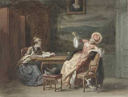 两位年轻女子坐在一张桌子旁`Twee jonge vrouwen aan een tafel (1870) by David Bles