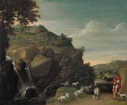 有瀑布和牧羊人的丘陵景观`A hilly landscape with a waterfall and a goatherd by Jacob Pynas