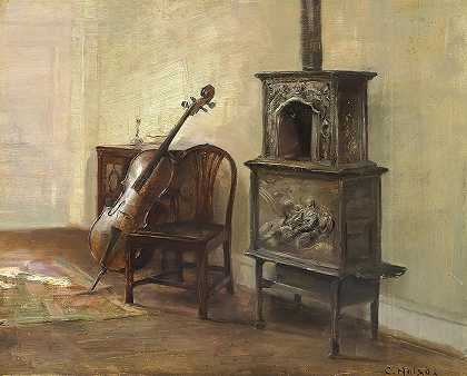 Carl Holsøe大提琴伴奏`Interieur med en cello by Carl Holsøe