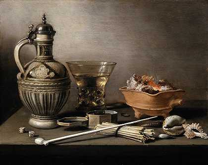 皮尔特·克莱兹的《带石器壶的静物画》、《伯克梅尔》和《烟具》`Still Life with a Stoneware Jug, Berkemeyer, and Smoking Utensils (1640) by Pieter Claesz