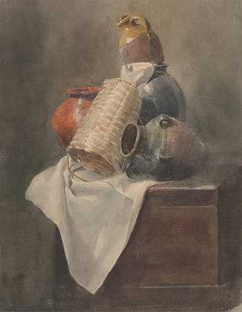 静物彼得·德温特（Peter DeWint）胸前的罐子、篮子和布`Still Life; Pots, Basket and Cloth on a Chest by Peter DeWint