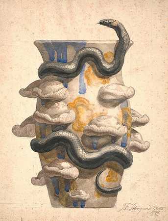 乔基姆·斯科夫加德用塑料制作的蛇和蘑菇装饰花瓶的准备工作`Forarbejde Til Vase Dekoreret Med Plastisk Udformet Slange Og Svampe (1888) by Joakim Skovgaard
