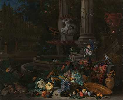 Peeter Gijsels的一座装饰喷泉旁，一个覆盖着的、翻倒的底座前，摆放着蔬菜的静物画`Still Life with Vegetables before a Draped, Overturned Plinth by an Ornamental Fountain (1680 ~ 1690) by an Ornamental Fountain by Peeter Gijsels