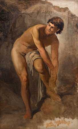 岩石景观中的年轻意大利男性形象`Ung italiensk mandsfigur i klippelandskab (1864 ~ 1867) by Ludvig Abelin Schou