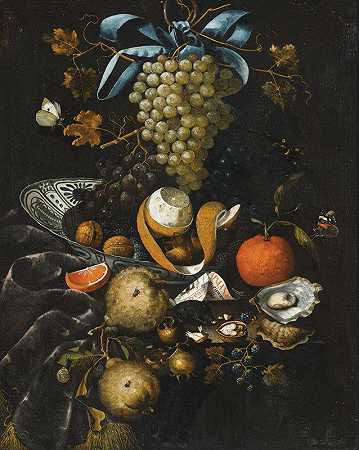 马丁内斯·内利乌斯（Martinus Nellius）在万里瓷碗中，放着蓝白葡萄、核桃、半去皮柠檬和黑莓的静物画`A Still Life Of Blue And White Grapes, Walnuts, A Half~Peeled Lemon And Blackberries In A Wan~Li Porcelain Bowl (1644) by Martinus Nellius