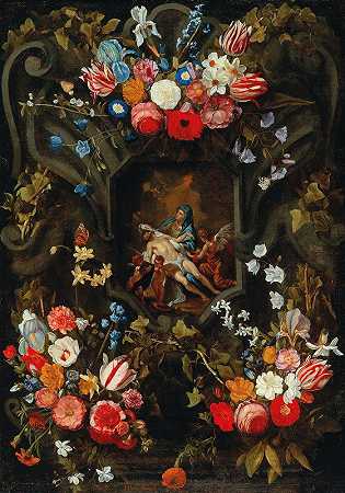 一个花环围绕着一个由简·菲利普斯·范·蒂伦（Jan Philips van Thielen）设计的带馅饼的花环`A garland of flowers surrounding a cartouche with a Pietà by Jan Philips van Thielen
