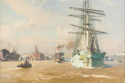 汉堡的船只`Ships in Hamburg by Erich Kips