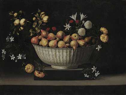 胡安·德·祖巴兰（Juan de Zurbarán）的《瓷器碗里的鲜花和水果》`Flowers and Fruit in a China Bowl (c. 1645) by Juan de Zurbarán